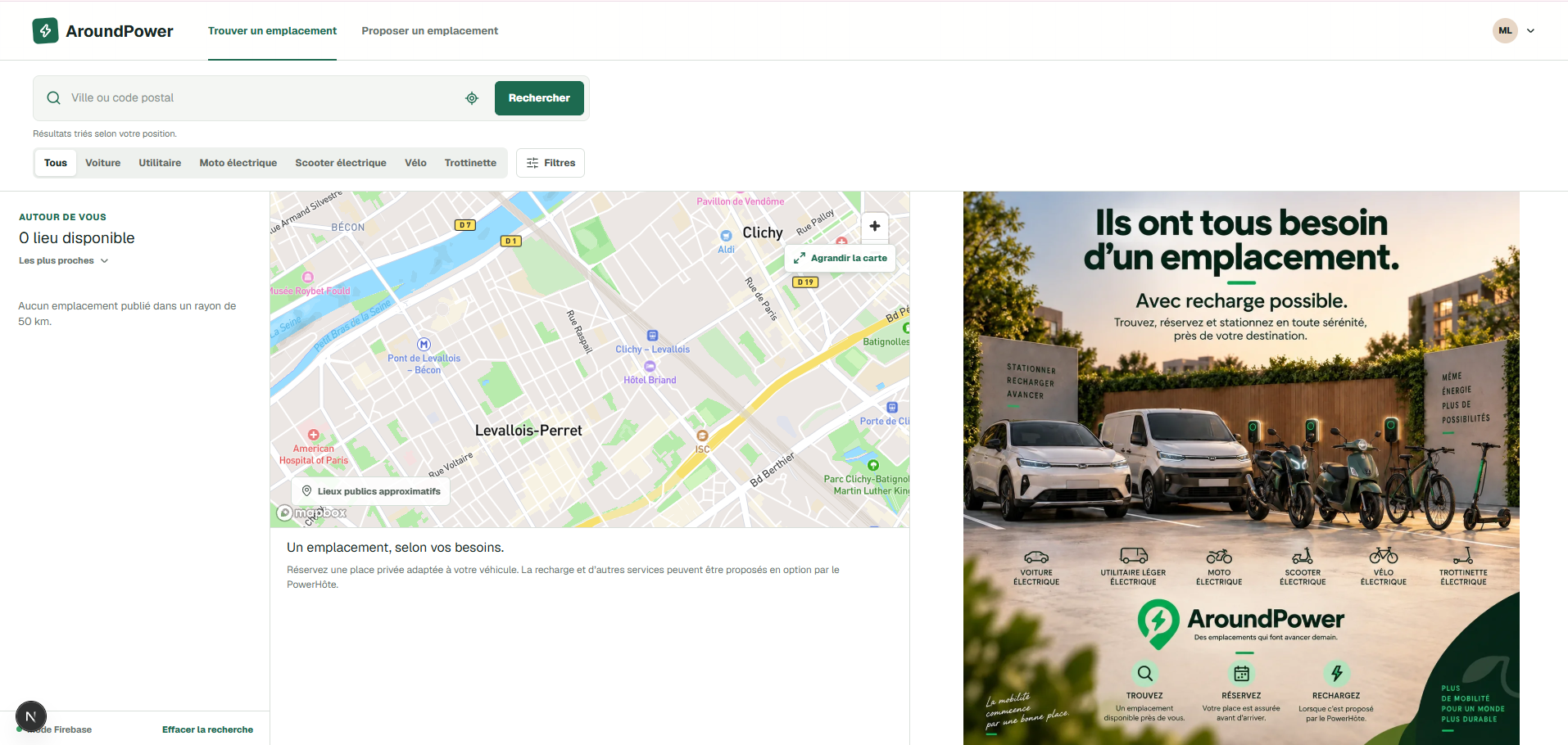Interface AroundPower montrant la recherche d’emplacements, les filtres de véhicules et la carte