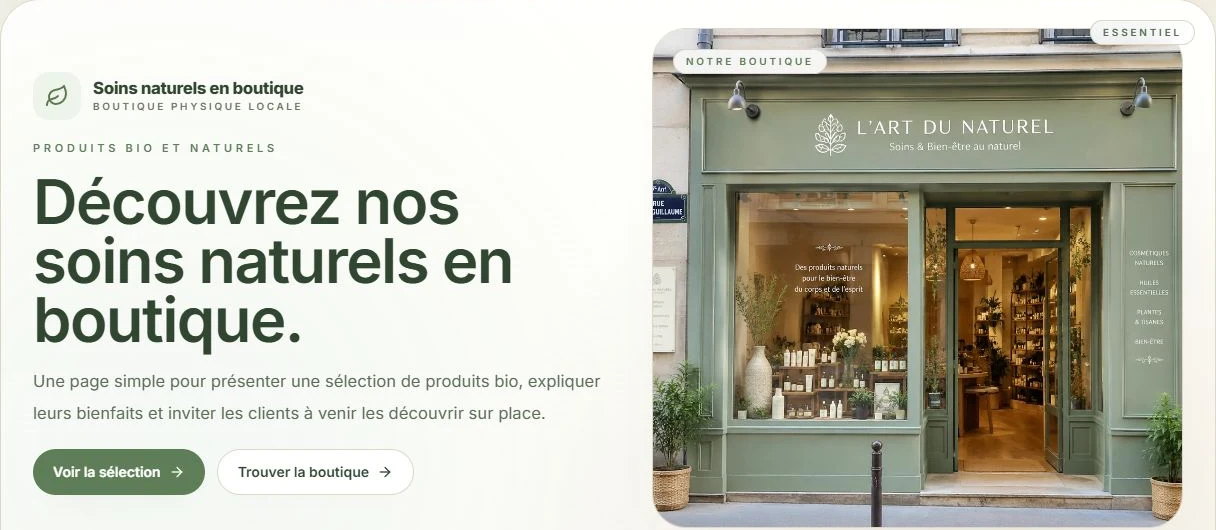Capture ordinateur du modèle Soins naturels en boutique : titre, présentation, boutons et devanture