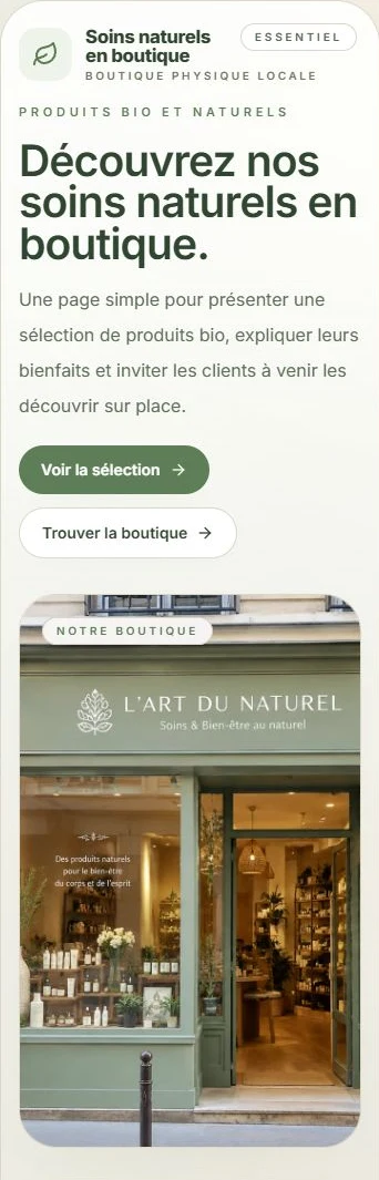 Capture mobile de la même page Soins naturels en boutique, avec son titre, ses boutons et sa devanture