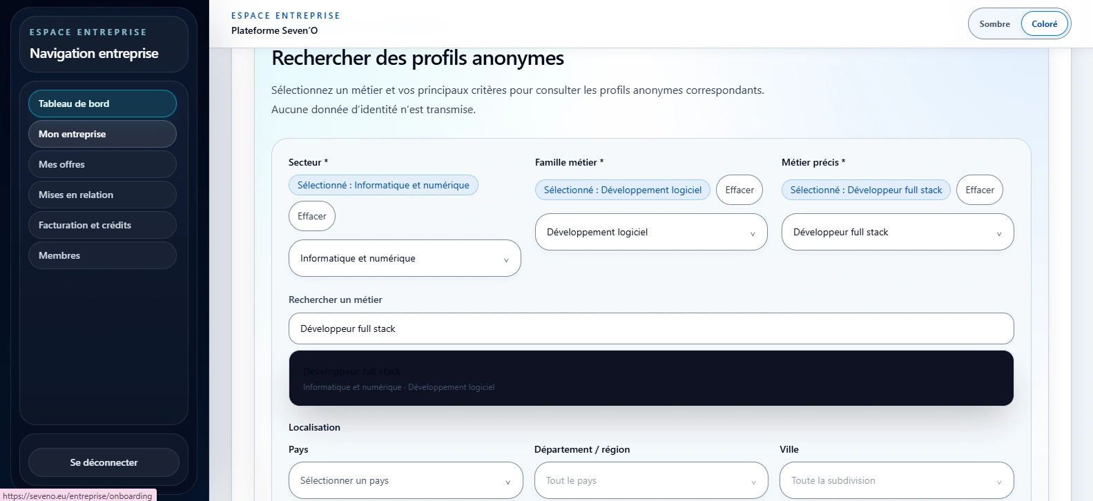Espace entreprise Seven’O : recherche de profils anonymes par métier et localisation